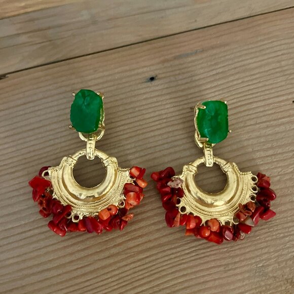 Red Coral Green Jeweled Gold Statement Earrings, ASO Pippa Middleton, NEW - Picture 3 of 5